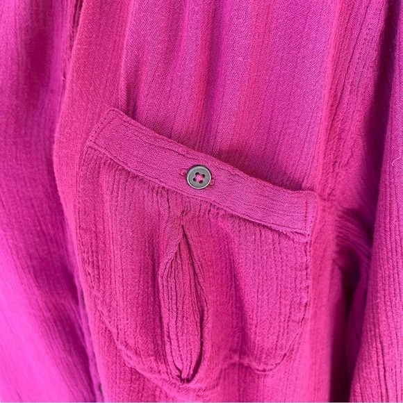 Free People Berry Pink Pleated Back Button Front Long Sleeve Blouse flare size S - Picture 4 of 9